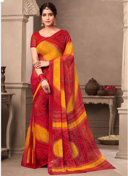 Yellow And Red Colour Ruchi Kesariya Chiffon 65th Edition Daily Wear Chiffon Saree Collection 12001 B